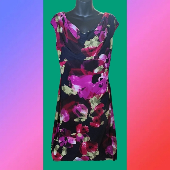 LAUREN RALPH LAUREN FLORAL PRINT COWL NECK RUCHED SLEEVELESS DESIGNER DRESS - Picture 2 of 5